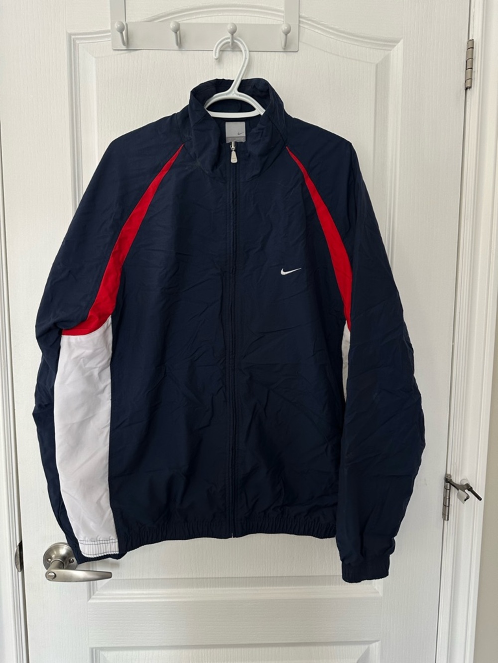 Vintage Nike Men’s 90s Navy Track Jacket Windbreaker Red White Athleisure Sport